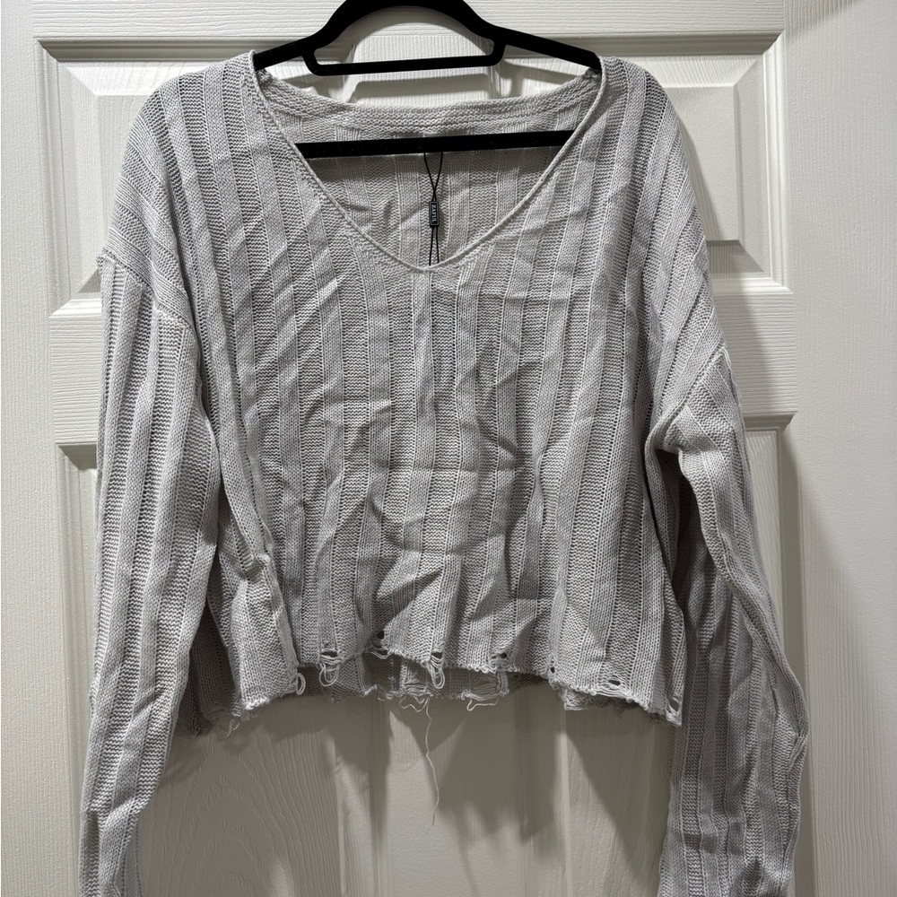 Gray V-Neck Striped Women's Top